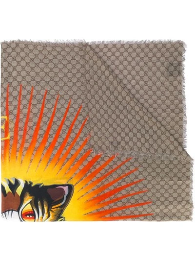 Gucci Angry Cat Print Modal Silk Shawl In Beige