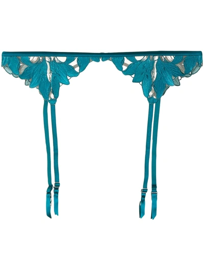 Fleur Du Mal Lily Velvet And Satin-trimmed Embroidered Tulle Suspender Belt In Blue