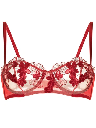 Fleur Du Mal Violet Satin-trimmed Metallic Appliquéd Stretch-lace Underwired Balconette Bra In Rouge
