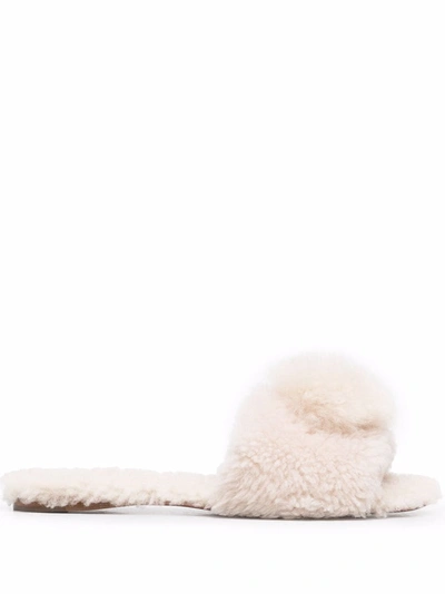 Aquazzura Off Duty Foxy Shearling & Alpaca Pom-pom Slides In Cream