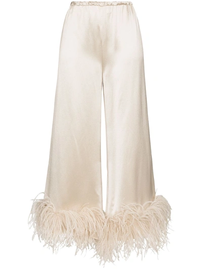 16arlington Mandrake Feather-trim Wide-leg High-rise Satin Trousers In Neutrals