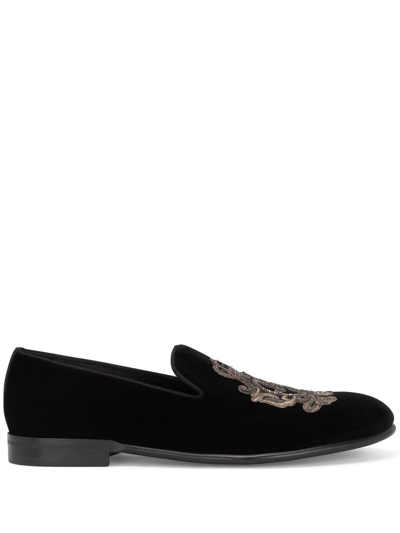 Dolce & Gabbana Embroidered Velvet Slippers In Black