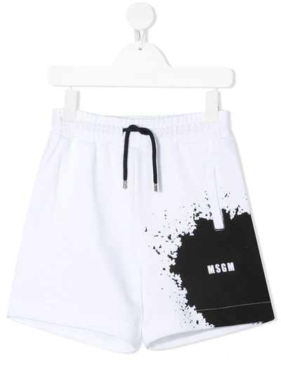 Msgm Kids' Paint Splatter-print Drawstring Shorts In White