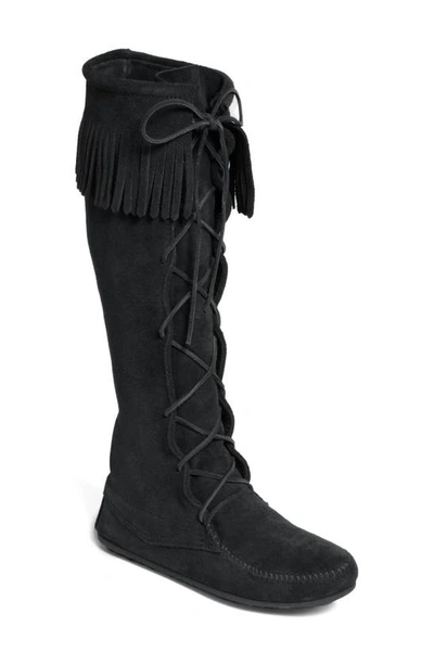 Minnetonka Lace-up Boot In Black Suede