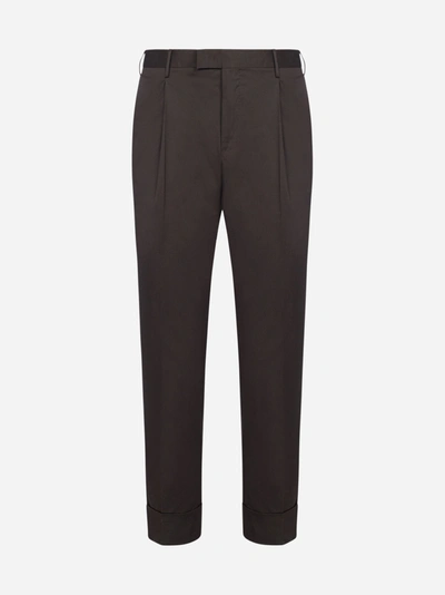 Pt01 Business Flicker Cotton Trousers In Marrone Scuro