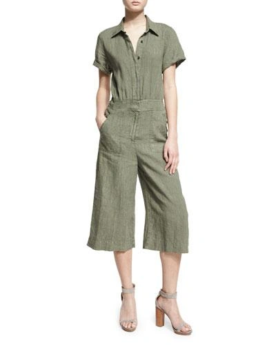 7 For All Mankind Short-sleeve Button-front Culotte Jumpsuit, Green