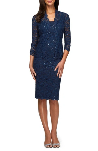 Alex Evenings Lace Cocktail Dress With Jacket In Navy
