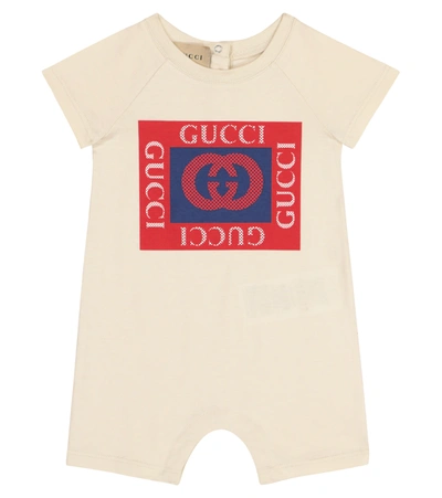 Gucci Babies' Logo Print Cotton Jersey Romper In 白色