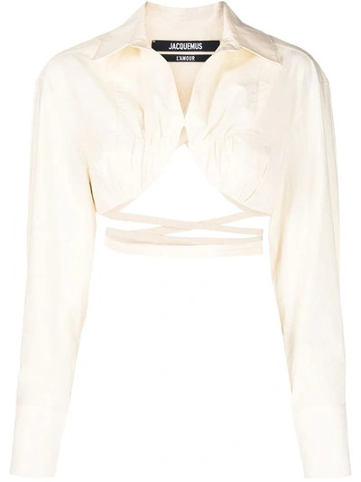 Jacquemus Women's Baci Tie-detailed Cotton-blend Cropped Shirt In Off White