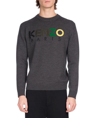 Kenzo Wool Mixed-media Logo Sweater, Dark Gray