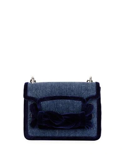 Miu Miu Velvet-trim Denim Shoulder Bag In Blue Pattern