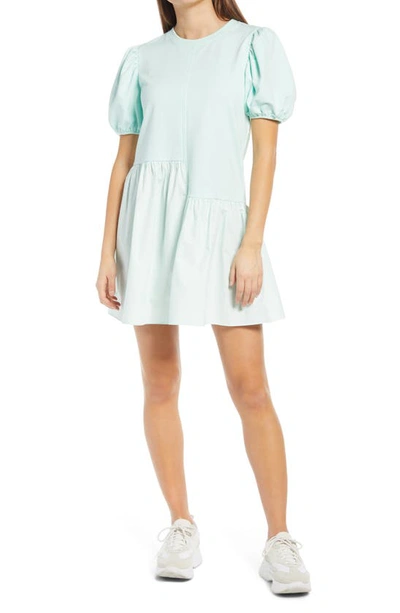 English Factory Puff Shoulder Mixed Media Minidress In Mint