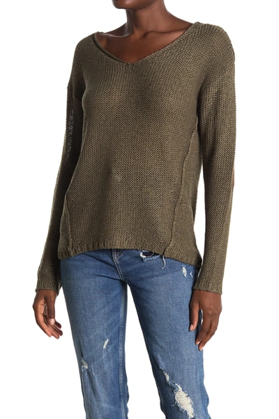 Modern Designer V-neck Faux Suede Elbow Patch Tunic Sweater In Drabtonal