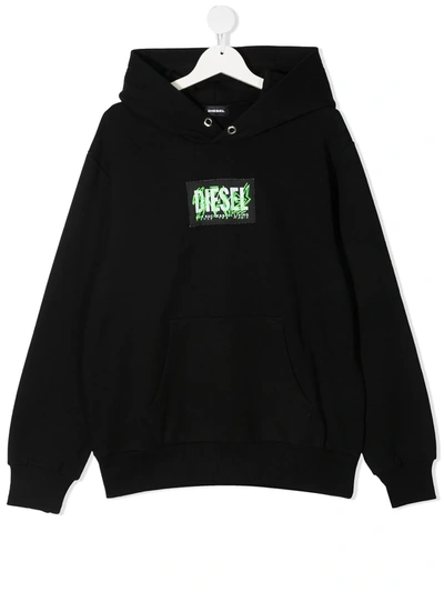 Diesel Kids' Logo-patch Cotton Hoodie In Black