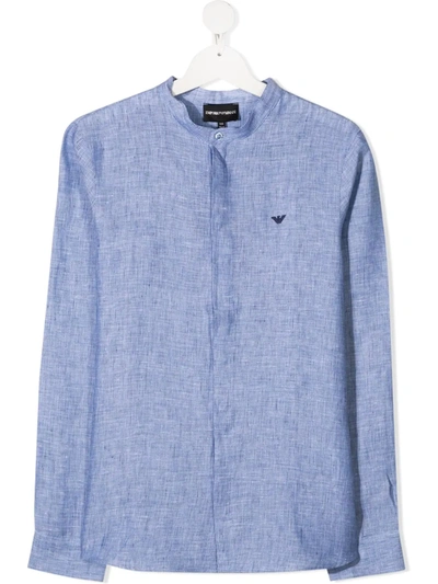 Emporio Armani Teen Logo-embroidered Collarless Shirt In Blue
