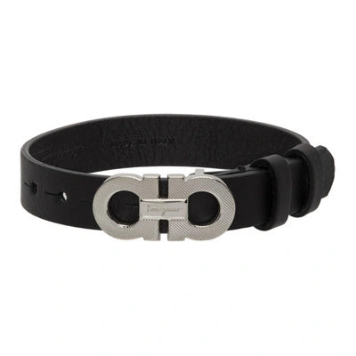 Ferragamo Black Engraved Gancini Bracelet In Black + Palladio Lu