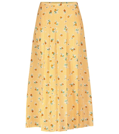 Rixo London Nancy Pleated Floral-print Silk-crepe Midi Skirt In Yellow