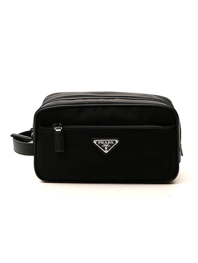 Prada Logo Plaque Toiletry Bag In Black