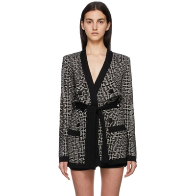 Balmain Monogram Jacquard Wool Blend Belted Cardigan In Black/beige