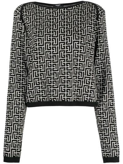 Balmain Jacquard-knit Wool-blend Sweater In Black,neutral