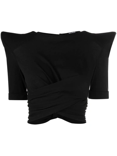 Balmain Twisted Shoulder Pad Jersey Top In Black