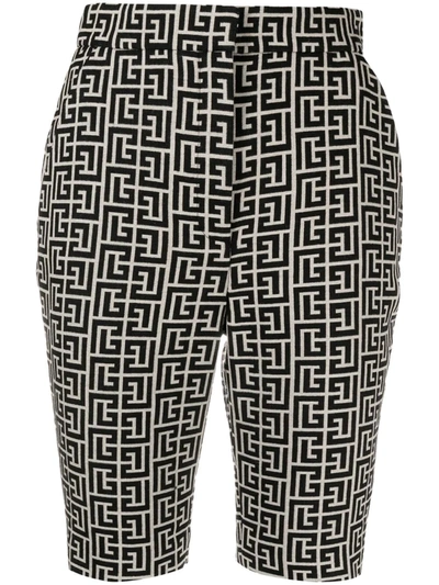 Balmain Monogram Jacquard High-waisted Shorts In Black,white