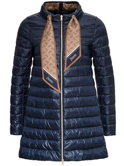 Herno Blue Nylon Down Jacket With Logoed Foulard Detail