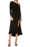 Mac Duggal One-shoulder Long Sleeve Chiffon Midi Dress In Black