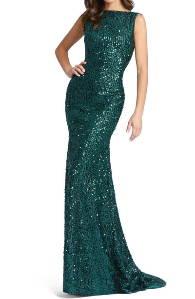 Mac Duggal Sequin Drape Back Trumpet Gown In Emerald Green