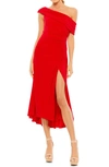 Mac Duggal Foldover Ruched One-shoulder Chiffon Midi Dress In Red