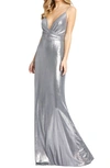 Mac Duggal Shimmer Metallic Faux Wrap Gown In Silver