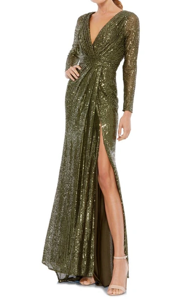 Mac Duggal Long Sleeve Sequin Faux Wrap Gown In Olive