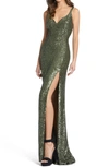 Mac Duggal Sequin Side Slit Column Gown In Olive
