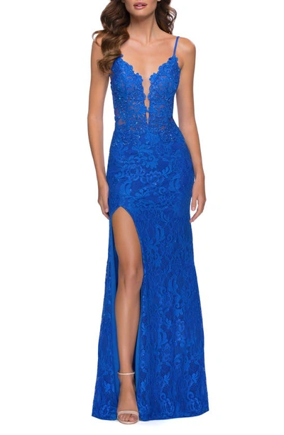 La Femme Stretch Lace Cross-back Gown With Slit In Blue