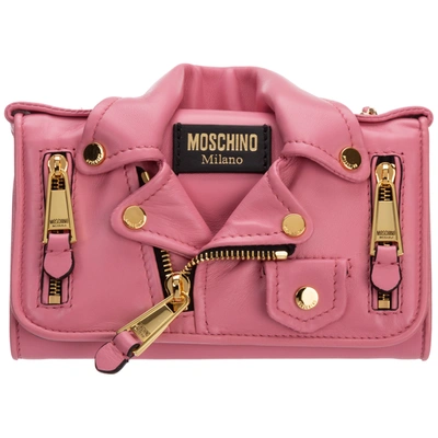 Moschino Women's Wallet Genuine Leather Coin Case Holder Purse Card Biker In Rosa
