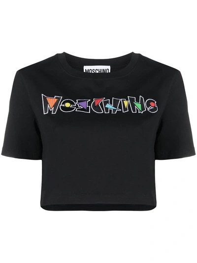 Moschino Teen Logo-embroidered Cropped T-shirt In Black