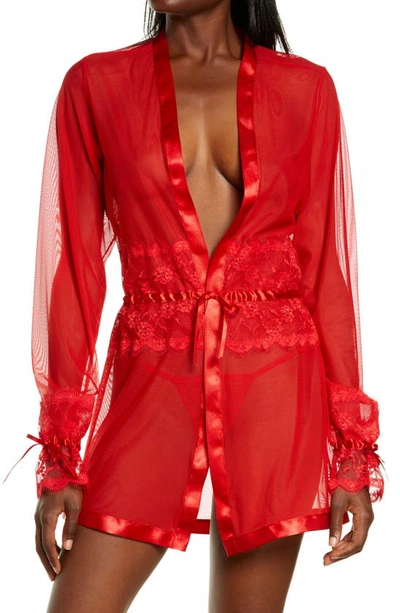 Mapalé Mesh & Lace Robe & G-string Thong Set In Red