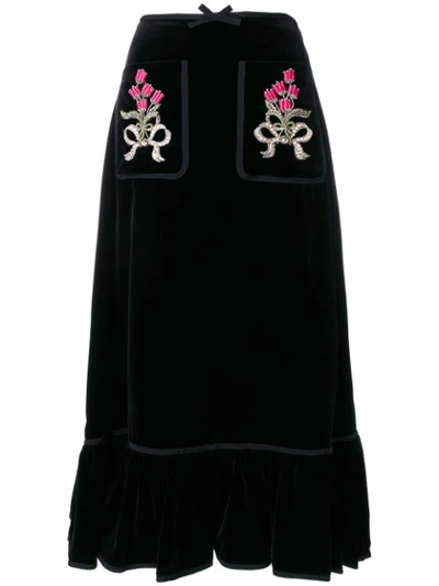 Gucci Embellished-pocket Cotton-blend Velvet Skirt In Black