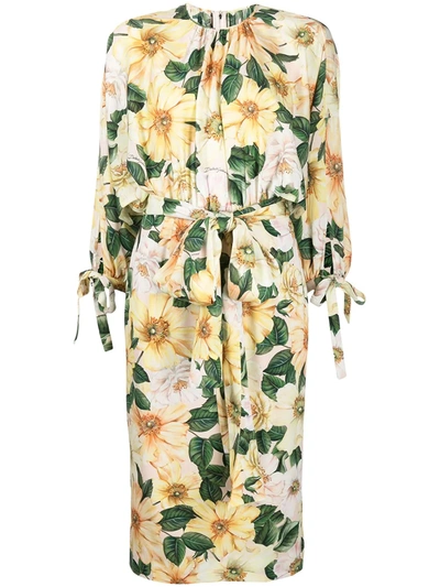 Dolce & Gabbana Camellia-print Silk-blend Charmeuse Midi Dress In Yellow
