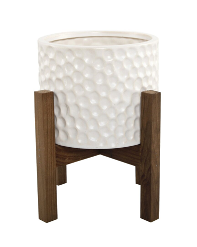 Flora Bunda 5.5in Beehive Ceramic Planter On Wood Stand In White