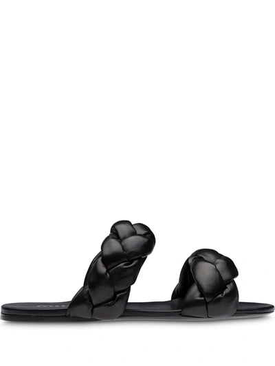 Miu Miu Braided-strap Leather Flat Sandals In Black