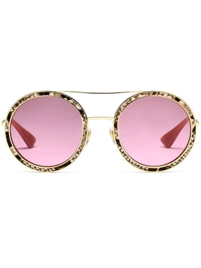 Gucci Snakeskin-effect Round-frame Sunglasses In Gold