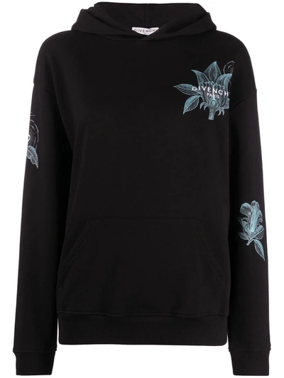 Givenchy Floral Schematics-print Hoodie In Black,white,blue