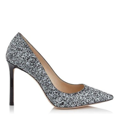 Jimmy Choo Romy 100 Black And White Dotted Coarse Glitter Fabric Pointy Toe Pumps In Black/white