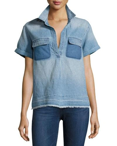 Ag Peter Collared Patched Denim Top In Blue