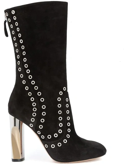 Alexander Mcqueen Eyelet-embellished Block-heel Suede Ankle Boots In Black