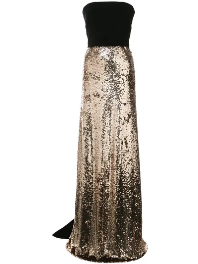 Monique Lhuillier Strapless Velvet Sequined Column Gown In Gold-black