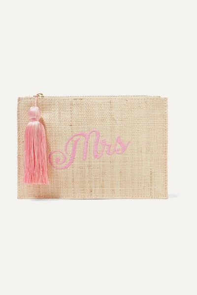 Kayu Bridesmaid Embroidered Woven Straw Pouch In Beige