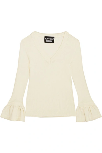 Boutique Moschino Fluted Ribbed Wool Sweater In Ivory