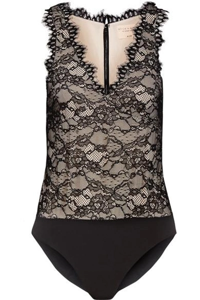 Alice And Olivia Primrose Leavers Lace And Jersey Bodysuit In Black
